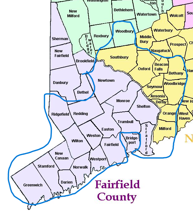 Map of Fairfield County, CT showing areas served by Automatic Door of Trumbull, Inc
